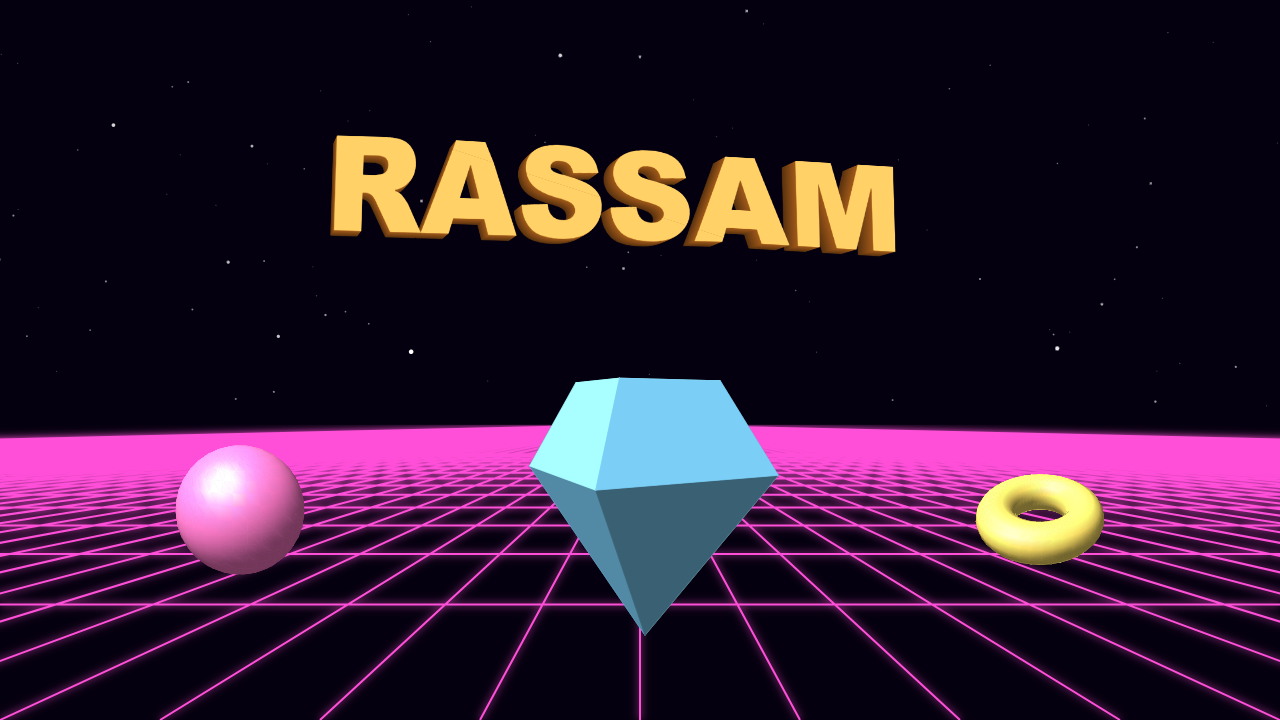 3D text, a ball, a gem and a ring on a floor of lines